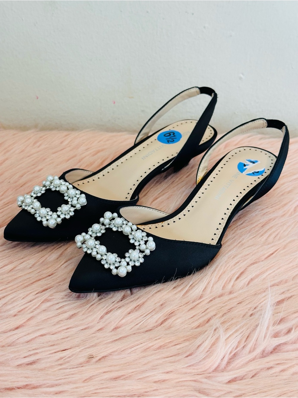 Adrienne Vittadini Black Pearl-Embellished Pointed Slingback Kitten Heels